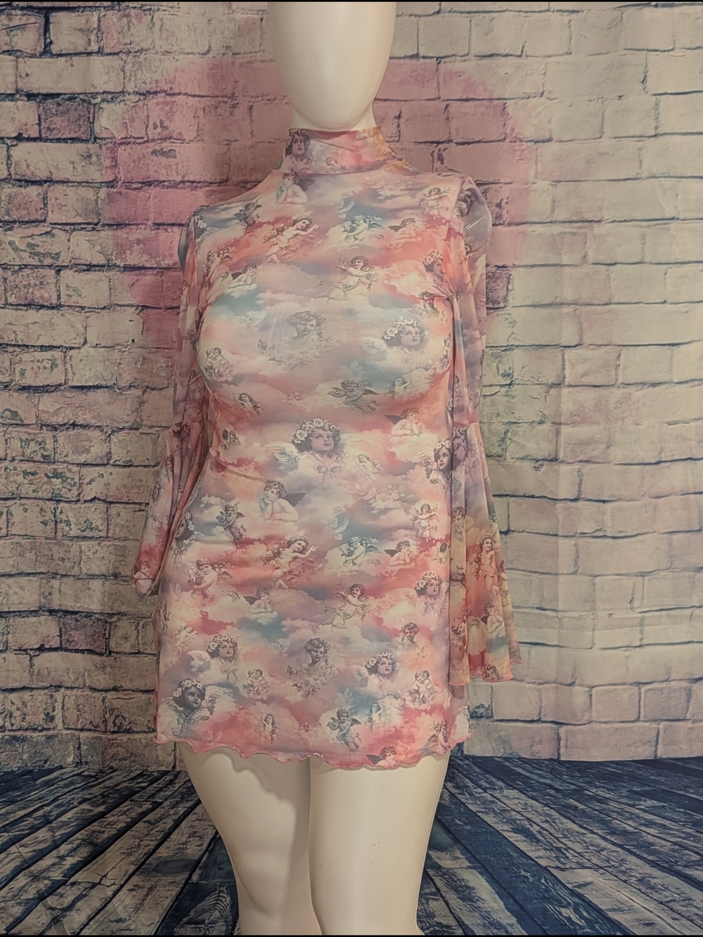 Sugar Thrillz Pastel Angel Print Long Sleeve Mini Dress - Pink Blue